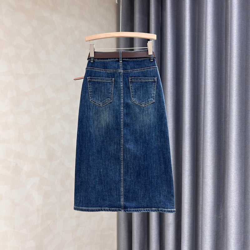 Dark denim skirt women's mid-length autumn new slim fit and thin front slit high waist a-line bag hip skirt - EHAORUI