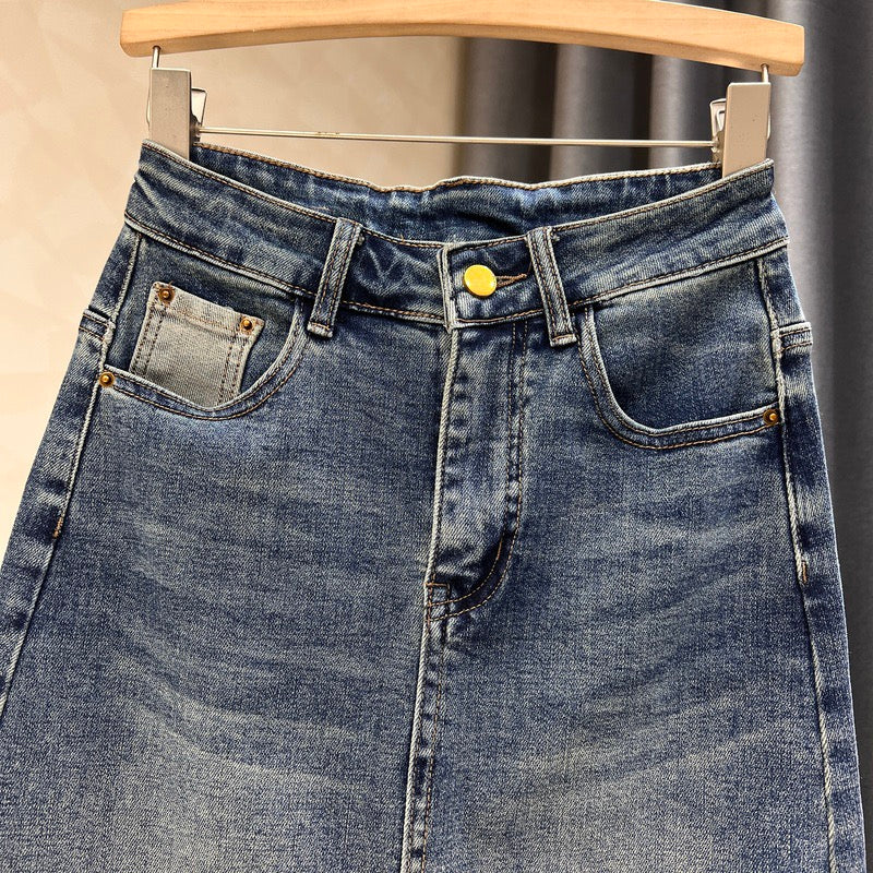 Retro denim skirt women's mid-length spring and summer new slimming and thin star slit high waist a-line bag hip skirt - EHAORUI