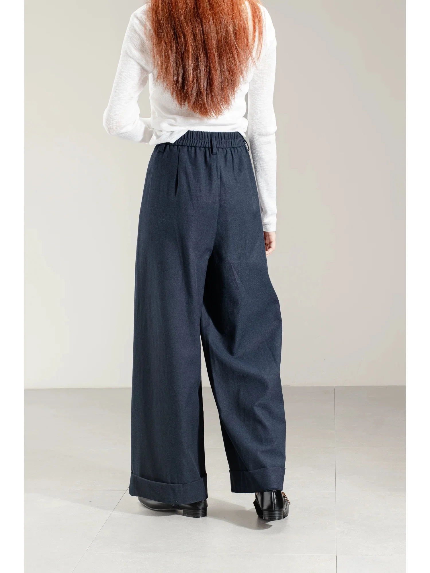 Commuter retro navy blue Tencel cotton rolled-edge casual pants for women autumn and winter elastic waist loose narrow version nine-point straight pants - EHAORUI