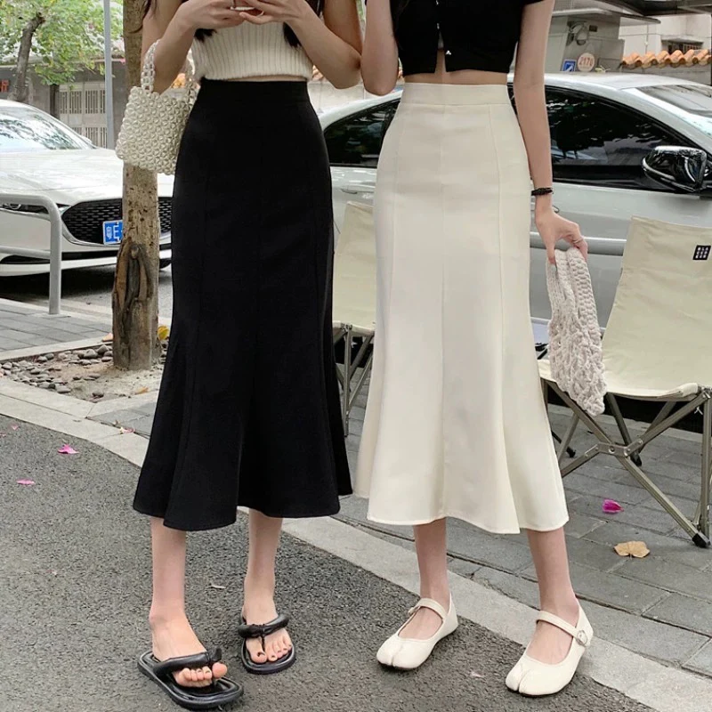 Black fishtail skirt for women spring 2024 new high waist hip one step skirt mid-length white temperament skirt - EHAORUI
