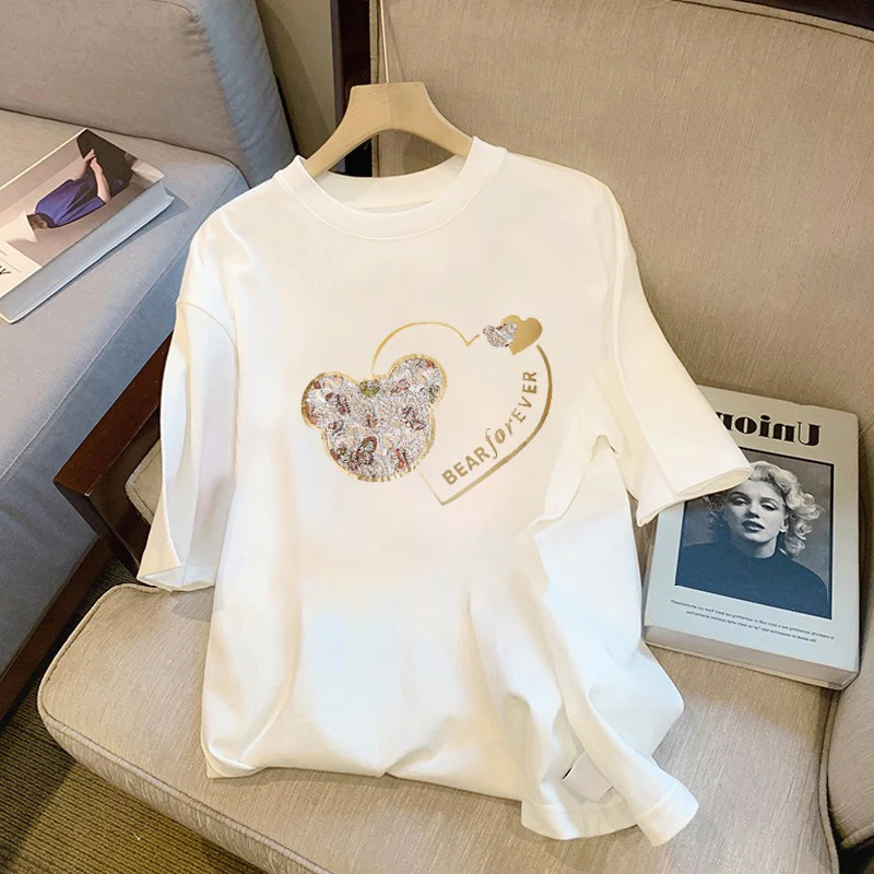 White t-shirt women's short-sleeved summer design feeling niche loose cotton bear love foreign style age-reducing top ins tide - EHAORUI