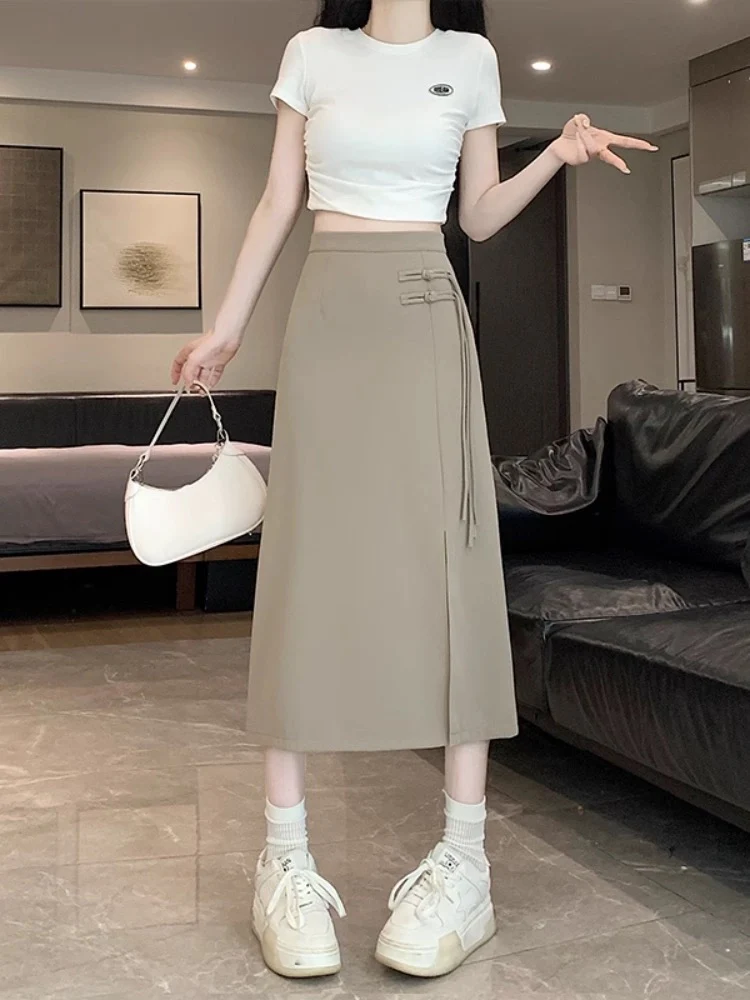 New Chinese-style slit skirt for women spring and summer 2024 new high-waist slim A-line hip-hugging Chinese-style mid-length skirt - EHAORUI