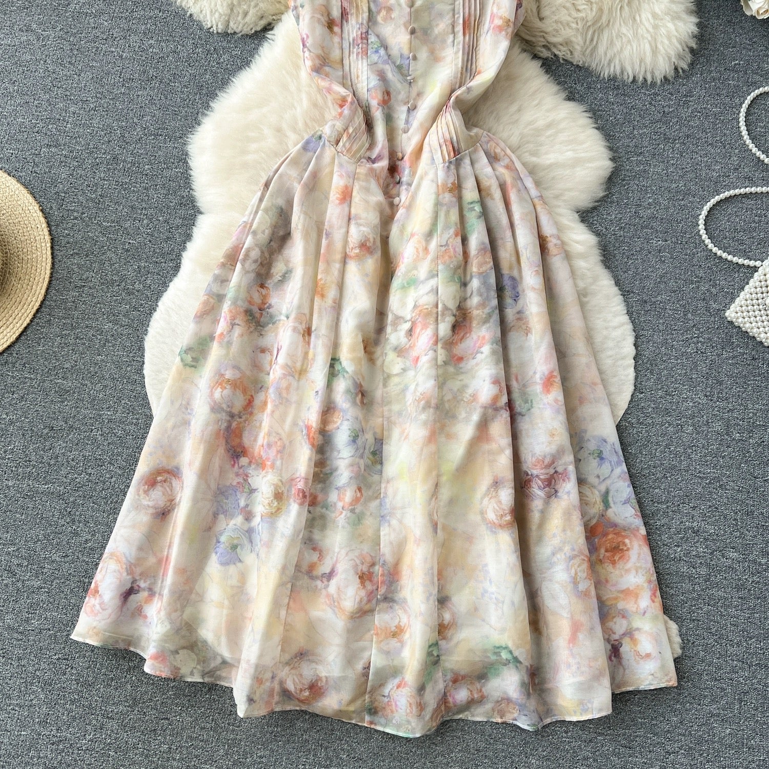 French floral chiffon suspender dress for women summer new high-waist slimming temperament super fairy style holiday long skirt - EHAORUI