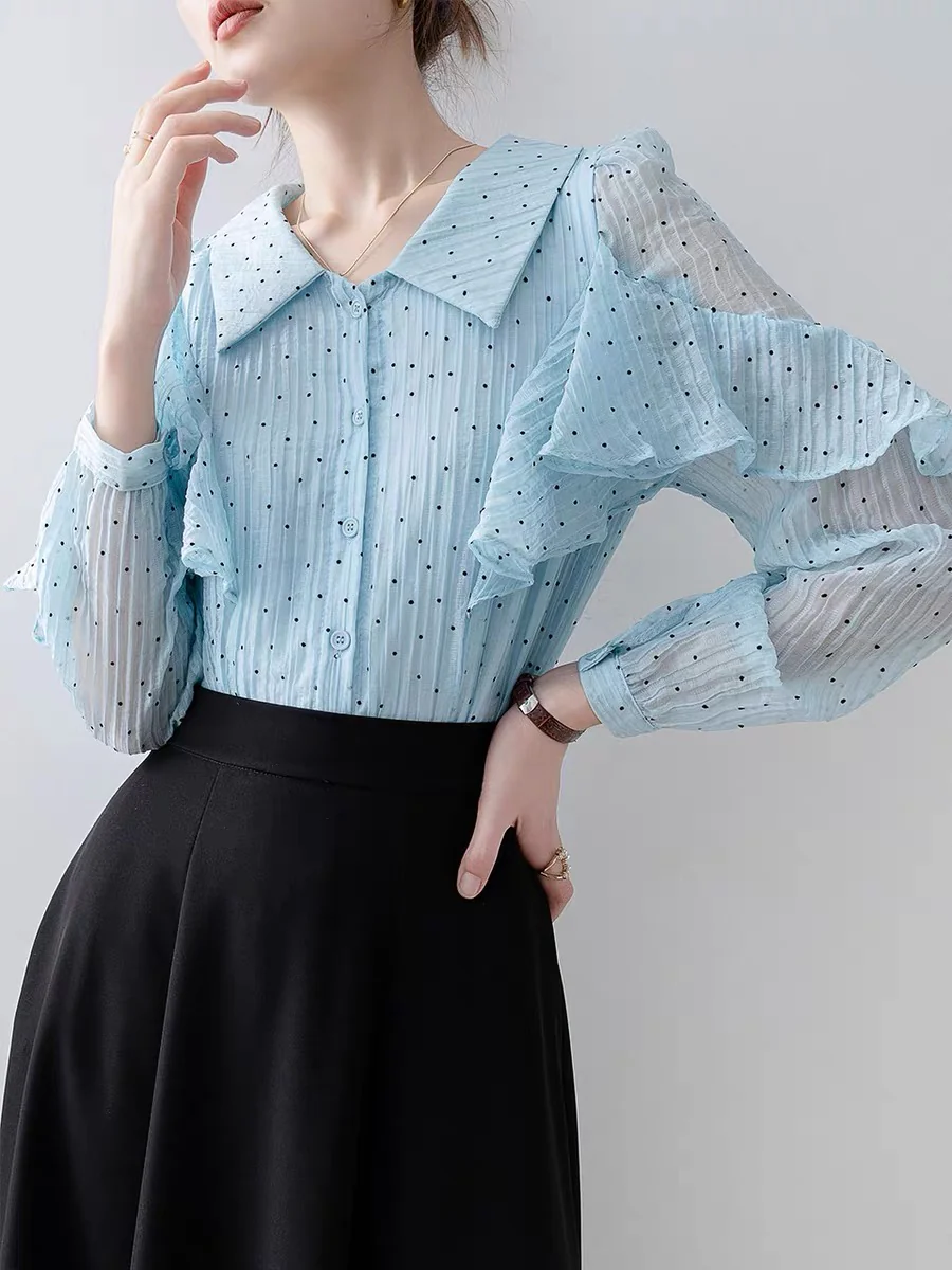 2024 early spring new women's blue polka dot long-sleeved shirt, chic and beautiful small top, ruffled chiffon shirt - EHAORUI