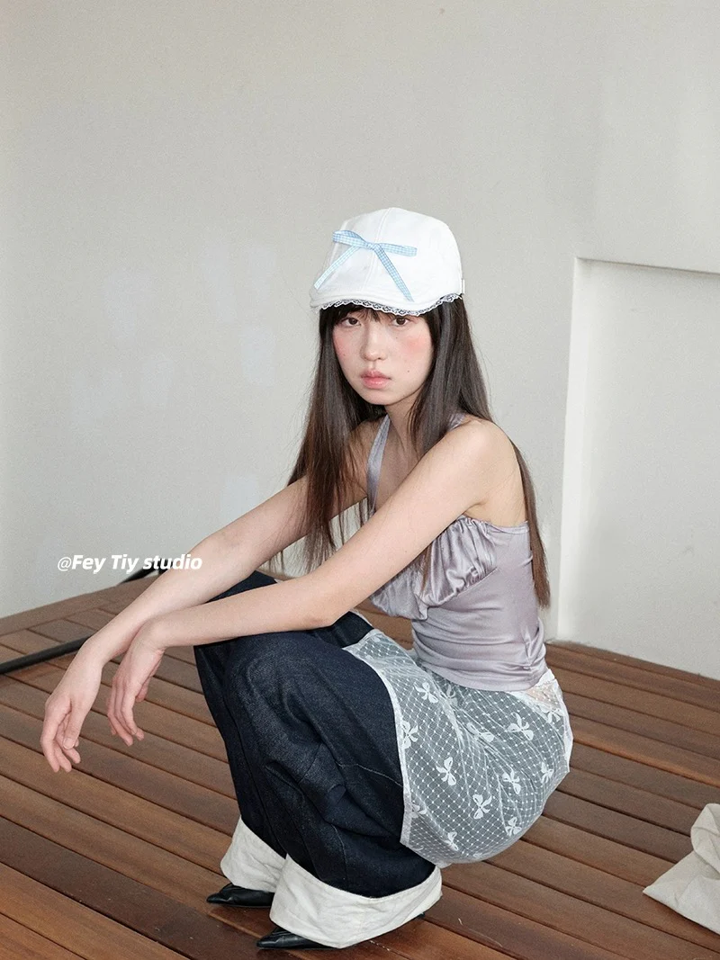 feytiy sweet cool forward hat strap bow lace cap niche personality spring and summer new style - EHAORUI