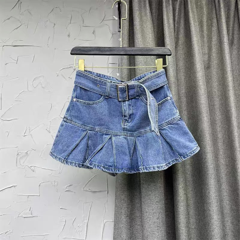 Sweet pink denim short skirt women's pleated skirt autumn 2022 new fashion high waist A-line skirt Korean version q123 - EHAORUI