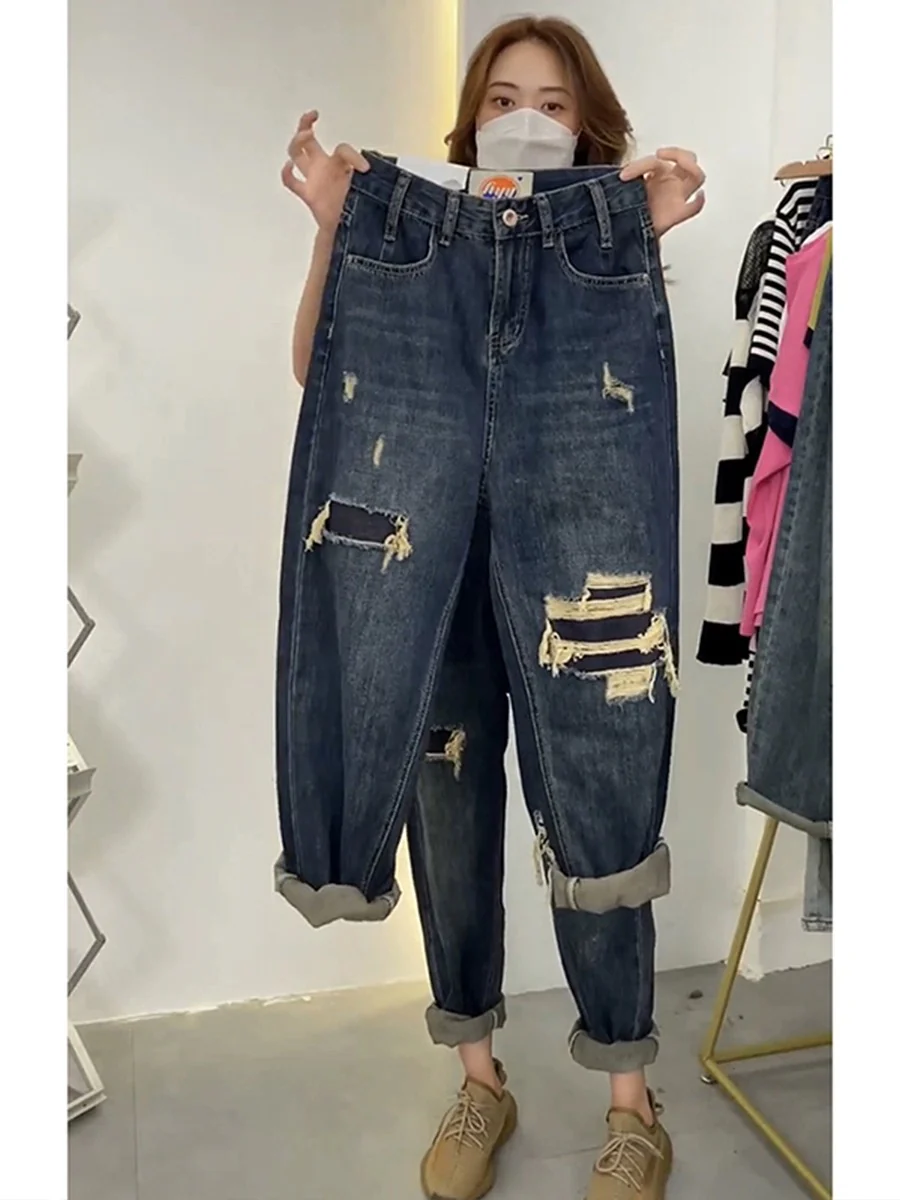 Plus size fat sister retro ripped straight jeans women's spring and summer loose slimming high waist harem daddy wide leg pants - EHAORUI