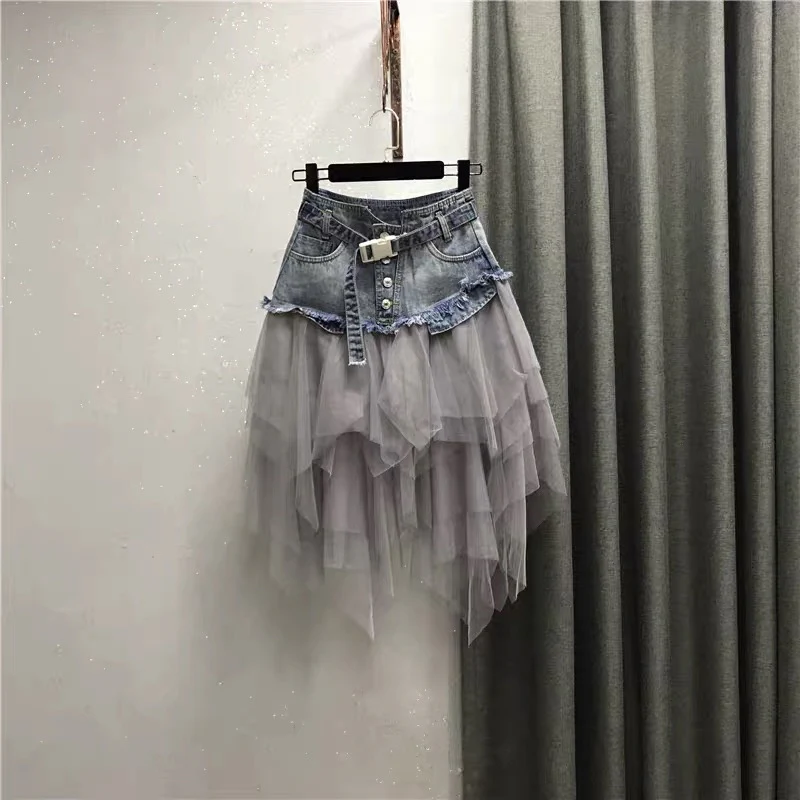 W112 Korean version 2022 autumn new Korean version mesh stitching high waist A-line skirt ins super hot mid-length denim skirt - EHAORUI