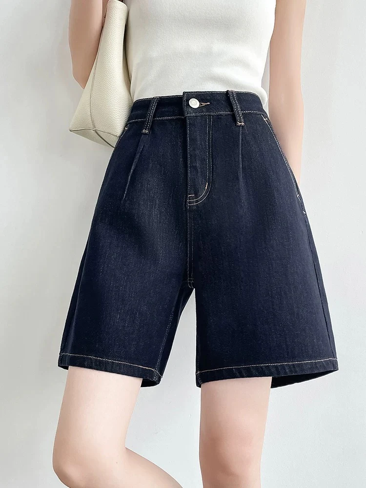 White four-way stretch denim shorts women's summer thin high waist A-line loose slim wide leg loose five-point pants - EHAORUI