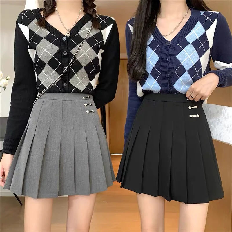 Autumn skirt large size college style black gray pleated skirt high waist slim pleated a-line skirt fat mm all-match skirt - EHAORUI
