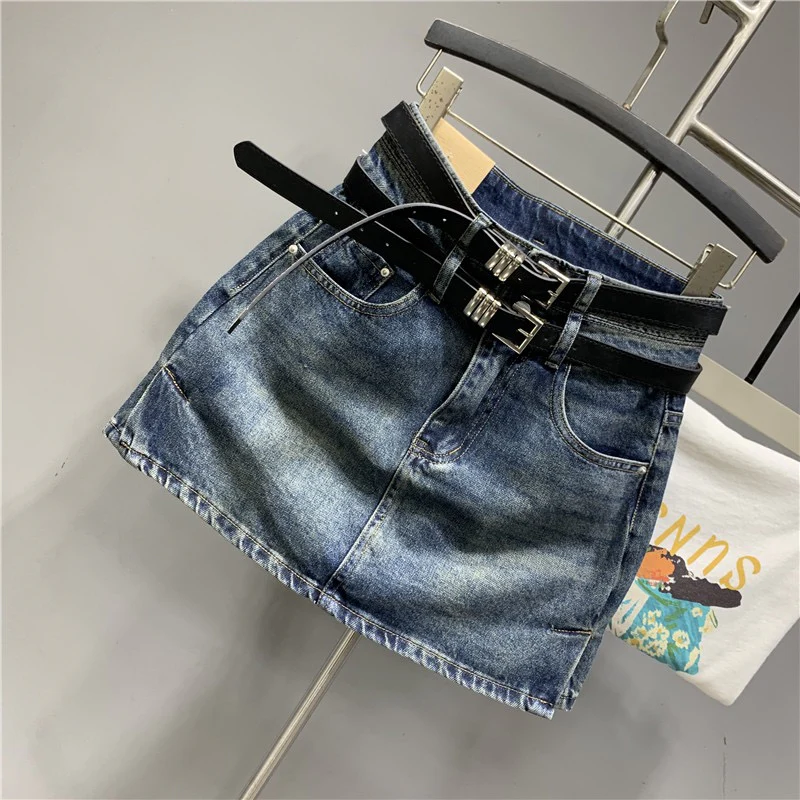 Internet celebrity trend with the same paragraph 2023 early spring new retro hot girl blue double waist denim skirt sexy skirt - EHAORUI