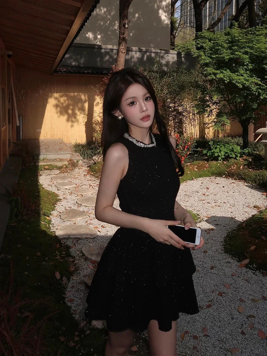 Beautiful hot girl waist dress women's autumn French temperament high-end little black dress birthday dress short skirt - EHAORUI