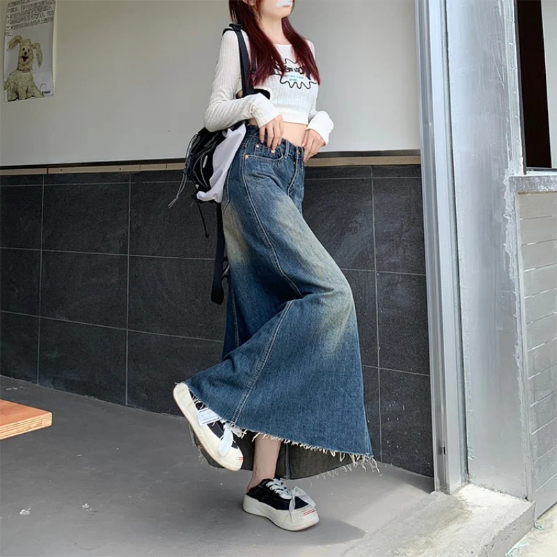Korean version of high waist retro denim skirt women's spring a-line umbrella skirt straight skirt design sense mid-length skirt - EHAORUI
