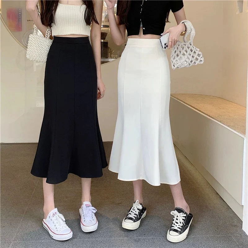 Black fishtail skirt for women spring 2024 new high waist hip one step skirt mid-length white temperament skirt - EHAORUI