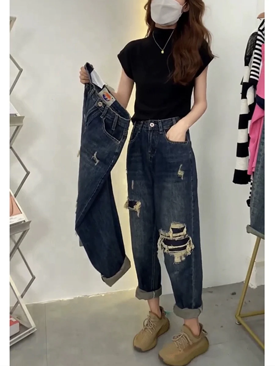 Plus size fat sister retro ripped straight jeans women's spring and summer loose slimming high waist harem daddy wide leg pants - EHAORUI