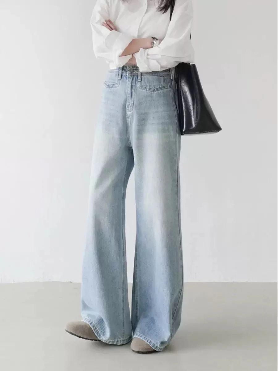 High waist slim washed wide leg pants women's summer casual loose mopping jeans long pants Korean straight pants women - EHAORUI