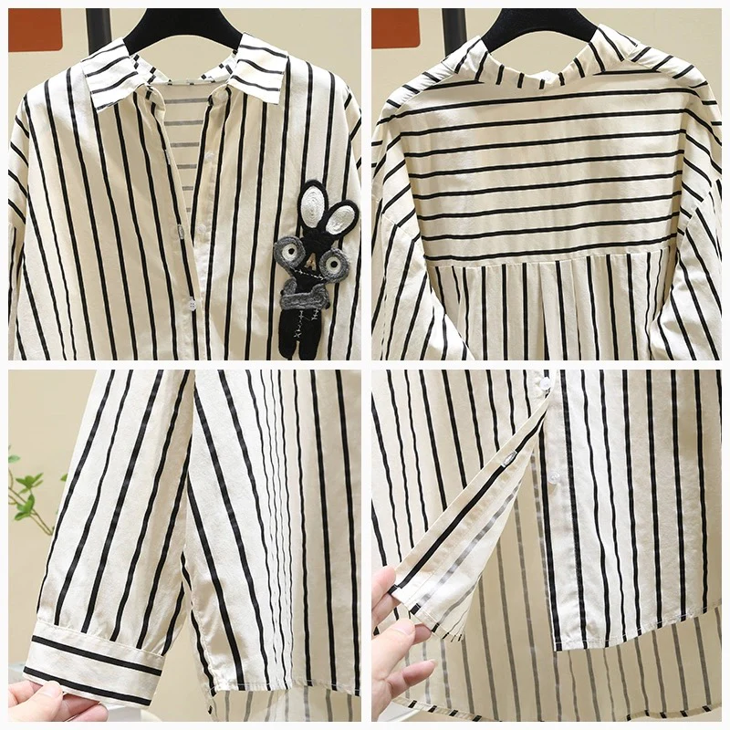 High-end mid-length black striped shirt for women 2024 spring new Korean loose design shirt tops - EHAORUI