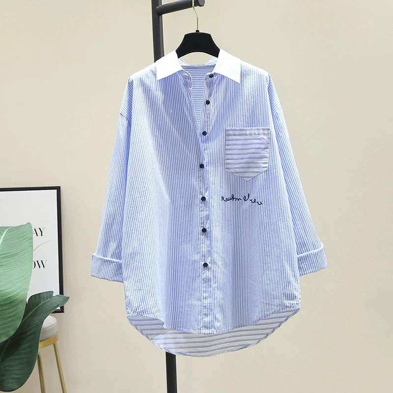 Light blue splicing striped shirt women 2024 spring and autumn new lazy style loose casual mid-length shirt top - EHAORUI
