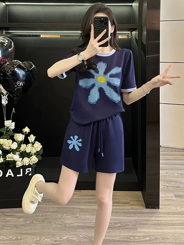 2025 Summer lazy style casual sports suit for women, fashionable, age-reducing and slimming short-sleeved T-shirt and shorts two-piece suit - EHAORUI