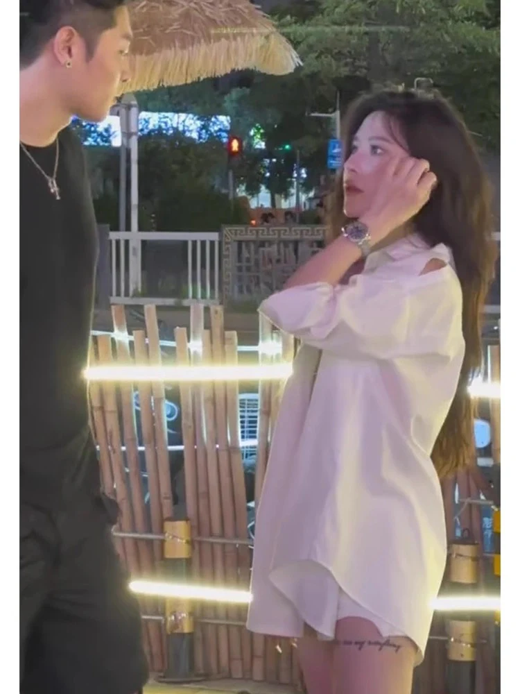 Summer off-shoulder boyfriend white shirt female new spring and autumn design niche loose long-sleeved sun protection top thin section - EHAORUI