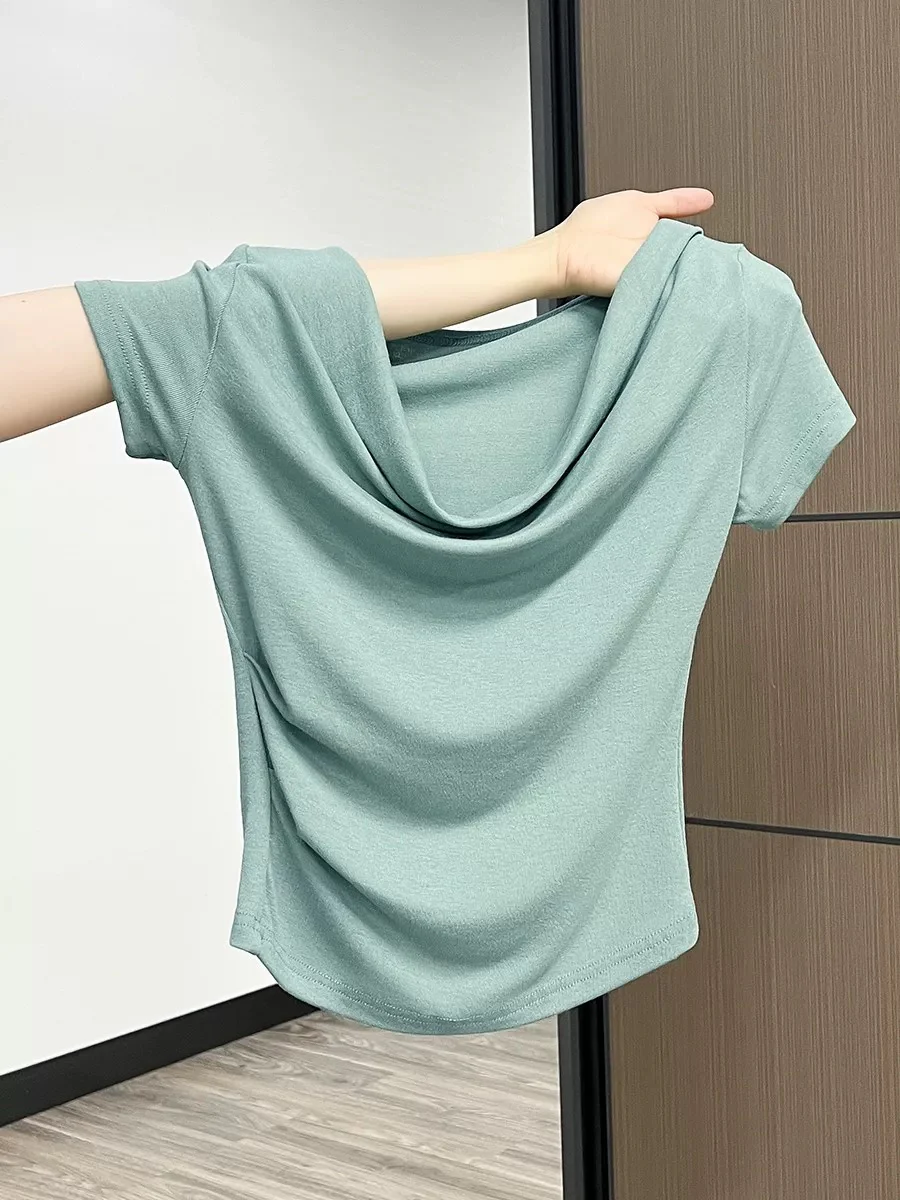 French style one-shoulder short-sleeved T-shirt for women in summer, sweet and spicy niche design, pleated slim waist, beautiful small top - EHAORUI