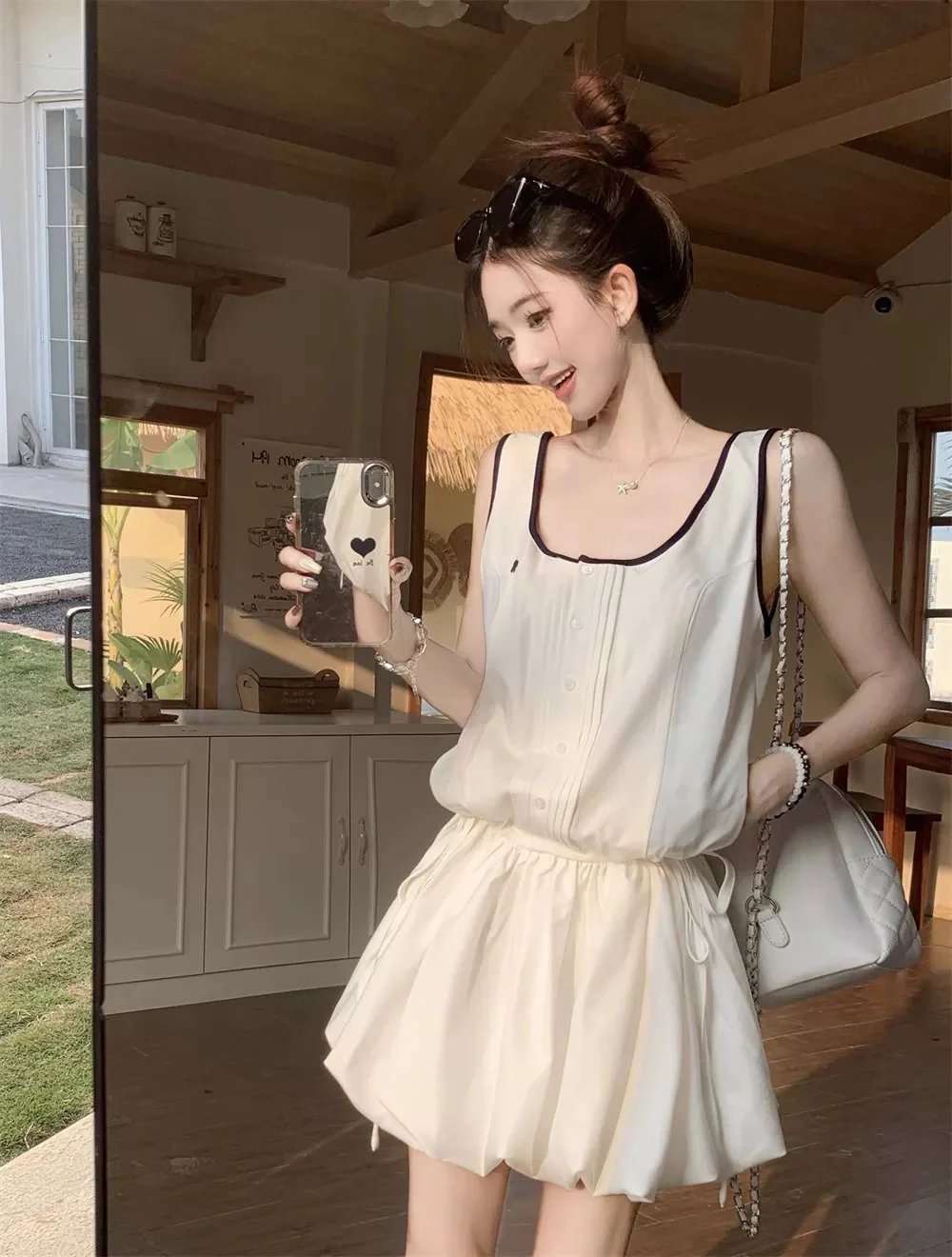 Sweet style unique niche flower bud skirt dress female summer age-reducing white A-line short skirt small vest skirt - EHAORUI