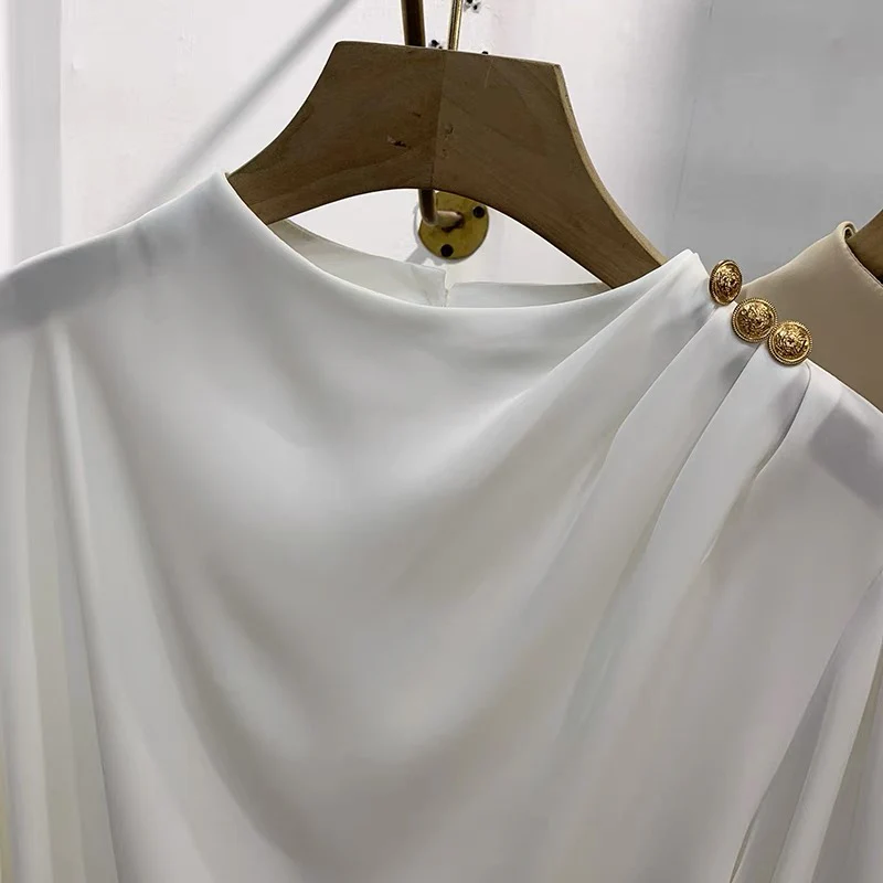 2021 autumn new European goods design sense temperament solid color shoulder nail bead pullover long-sleeved chiffon shirt women's thin shirt - EHAORUI