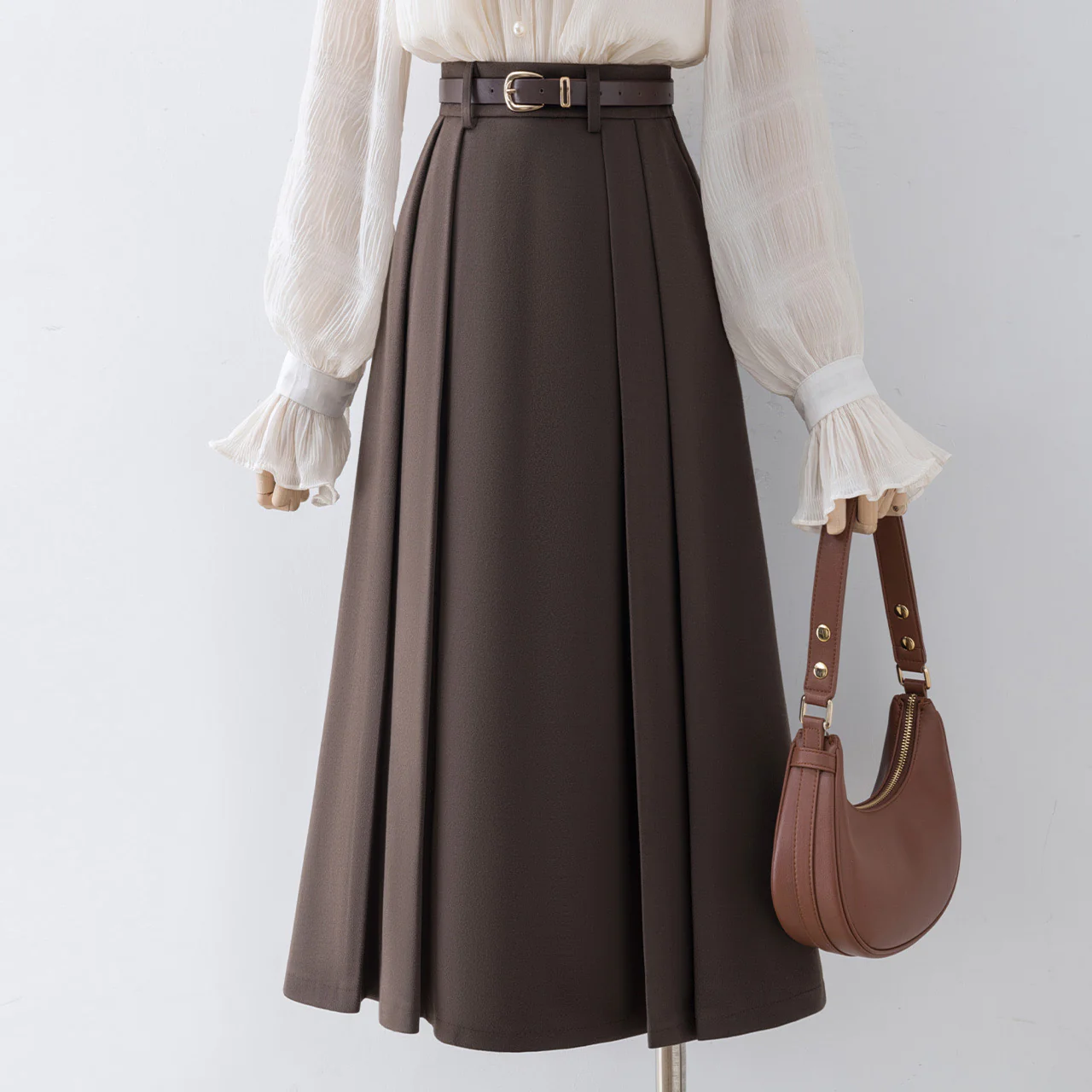 Brown pleated woolen skirt women autumn and winter 2022 new high waist a-line skirt mid-length half skirt umbrella skirt - EHAORUI