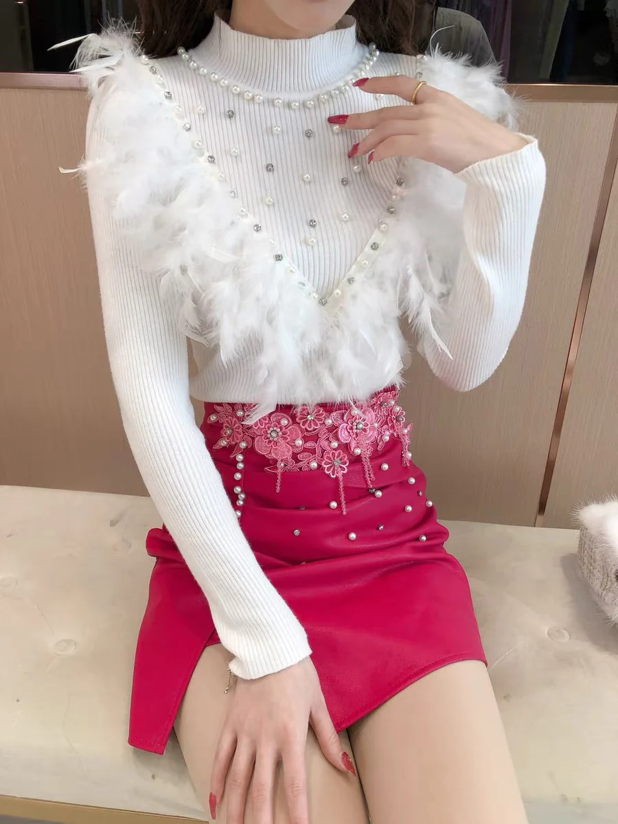 Autumn and winter new sweet temperament heavy industry embroidery flowers high waist beaded fringed pleated split leather skirt women's skirt - EHAORUI
