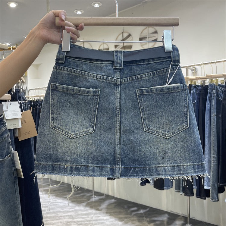 Original tide brand 2023 early spring new retro light blue denim skirt high waist sexy a-line skirt female - EHAORUI