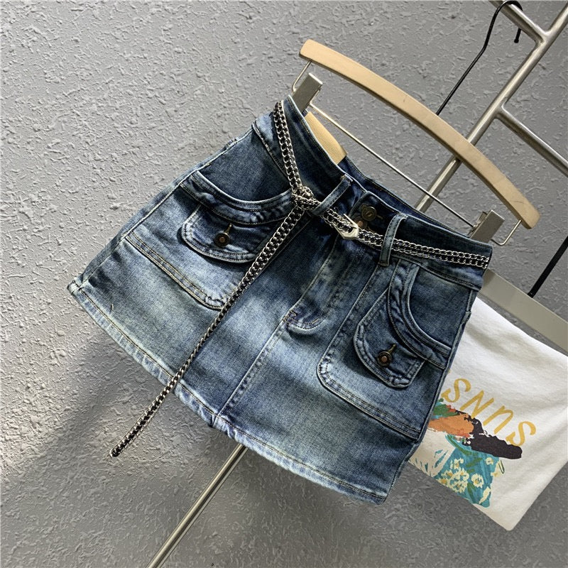 Tide brand 2023 spring new retro nostalgic blue denim bag hip skirt sexy high waist elastic a-line skirt - EHAORUI