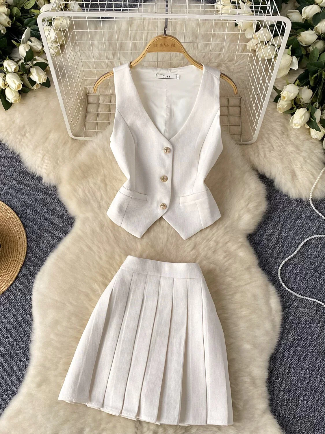 French  style single-breasted versatile slit suit vest + high waist pleated skirt two-piece suit - EHAORUI