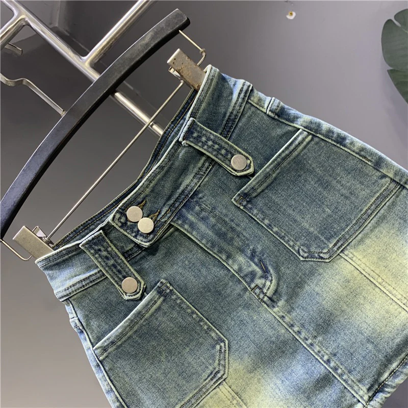 Retro denim skirt women's Hong Kong style hot girl hakama 2023 spring new high waist slimming a-line bag hip skirt - EHAORUI