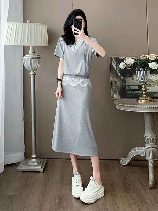 French style casual sports suit for women summer splicing lace temperament gray short-sleeved top skirt two-piece suit - EHAORUI