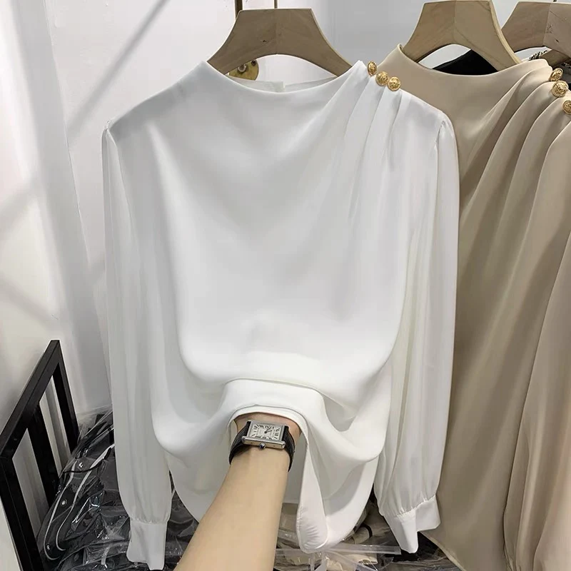 2021 autumn new European goods design sense temperament solid color shoulder nail bead pullover long-sleeved chiffon shirt women's thin shirt - EHAORUI