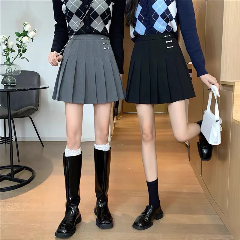 Autumn skirt large size college style black gray pleated skirt high waist slim pleated a-line skirt fat mm all-match skirt - EHAORUI