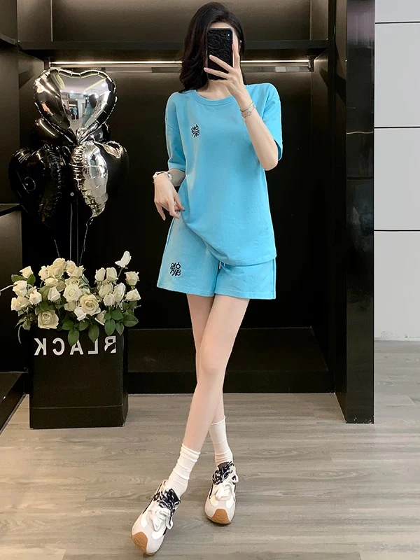 Salty outfit casual sports suit for women 2025 summer stylish age-reducing blue short-sleeved T-shirt shorts two-piece suit - EHAORUI