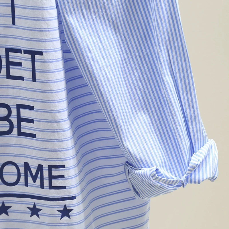 Light blue splicing striped shirt women 2024 spring and autumn new lazy style loose casual mid-length shirt top - EHAORUI