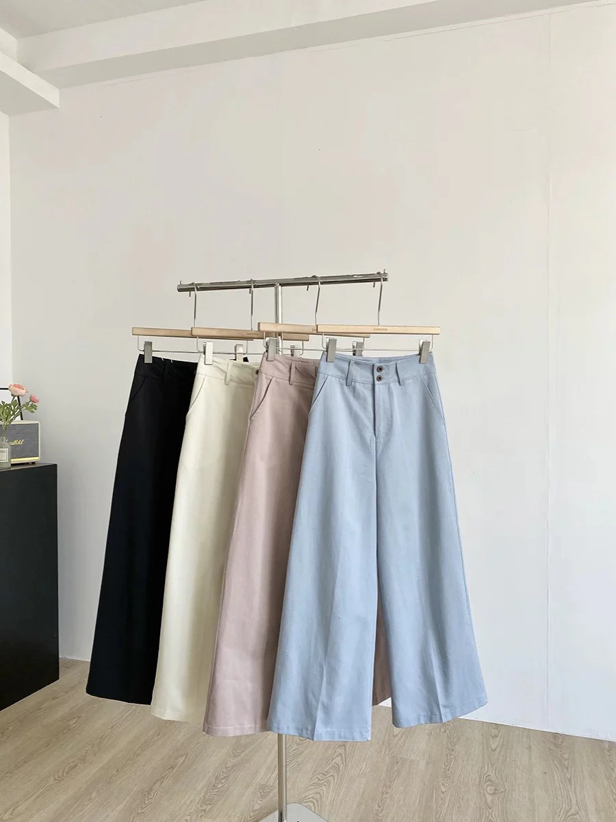 Simple solid color two-button high-waisted casual pants for women spring 2025 new Korean style loose and versatile wide-leg trousers trendy - EHAORUI