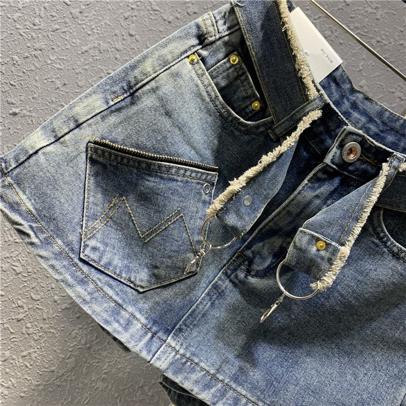 Original 2023 spring new retro light blue denim a-line skirt sexy zipper pocket petite skirt - EHAORUI