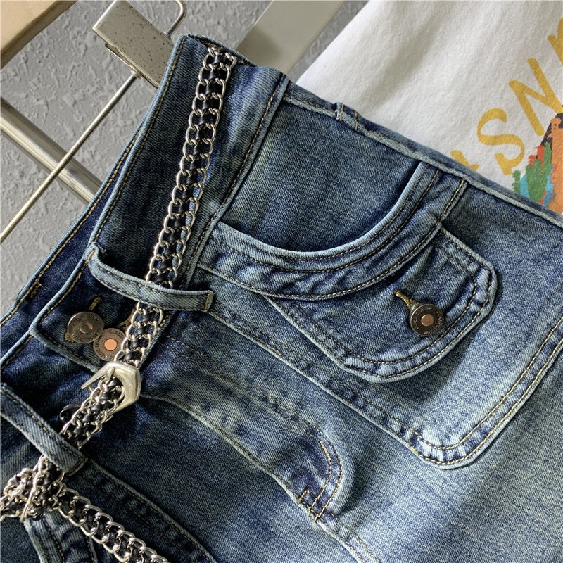 Tide brand 2023 spring new retro nostalgic blue denim bag hip skirt sexy high waist elastic a-line skirt - EHAORUI
