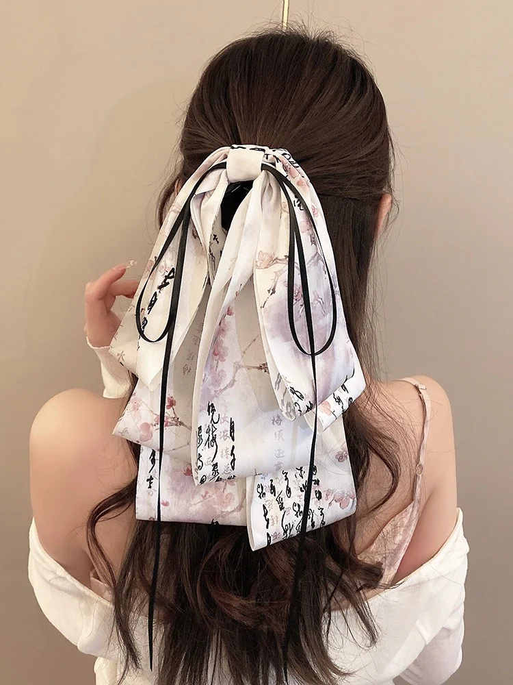 New Chinese style ink painting bow ribbon grabber half-tied hairpin female back of head shark clip ancient style Hanfu headwear - EHAORUI