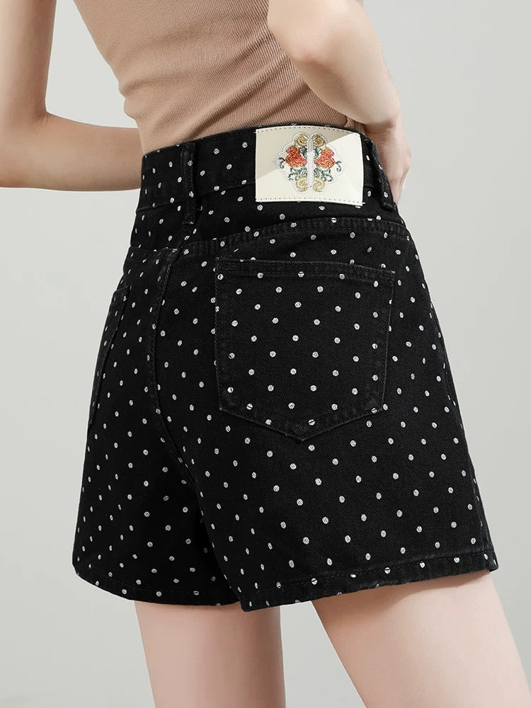 Polka dot denim shorts women summer 2025 new high waist loose wide leg slim blue a hot girl hot pants thin - EHAORUI