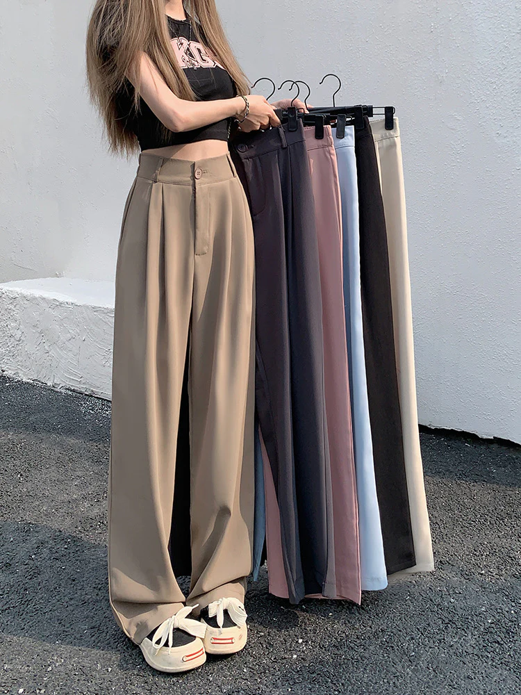 Black suit pants elastic waist thin casual pants summer pants loose wide-leg pants women's high waist drape trousers trendy - EHAORUI