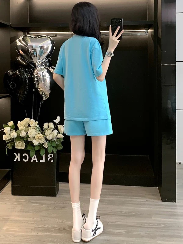 Salty outfit casual sports suit for women 2025 summer stylish age-reducing blue short-sleeved T-shirt shorts two-piece suit - EHAORUI