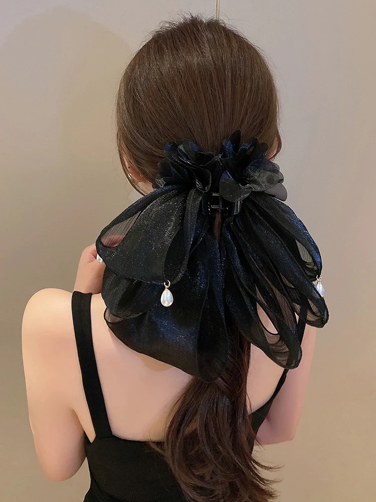 French flower bow clip 2023 new temperament and high-end back head hair clip women's hair accessories half-tied hair clip - EHAORUI