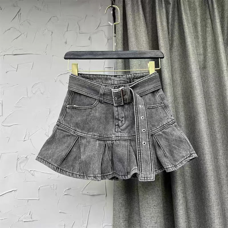 Sweet pink denim short skirt women's pleated skirt autumn 2022 new fashion high waist A-line skirt Korean version q123 - EHAORUI