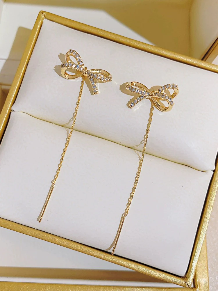 High-end golden bow earrings, long tassel earrings, elegant ear piercing earrings, 2023 new trendy women's thin - EHAORUI