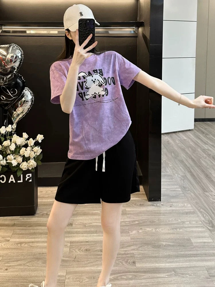 Fashionable and stylish printed short-sleeved suit for women in summer 2025 casual sports shorts two-piece suit loose and slim running clothes - EHAORUI