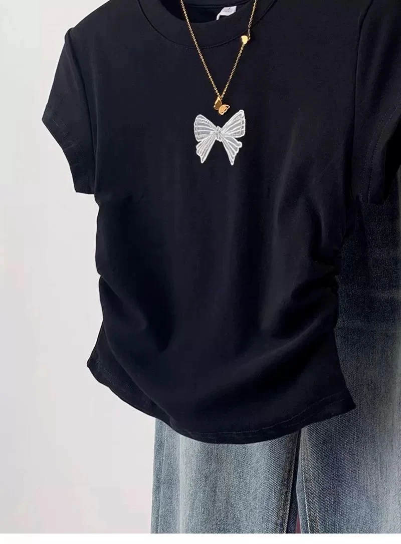 Sweet embroidered bow off-shoulder short-sleeved T-shirt women's summer design niche slim-fit pleated short top - EHAORUI